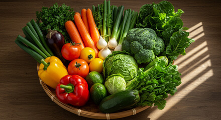 Basket of Fresh Organic Vegetables on Wooden Table