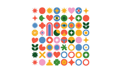 Vibrant Geometric Symbol Grid, Flat Vector Icon Set on White, Bright brutal contemporary icons. Various geometric figures.easily editable and scalable.