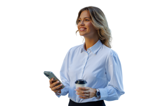 Professional businesswoman walking with coffee and smartphone, smiling and looking away, transparent background