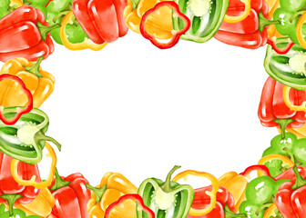 Hand-drawn illustration of a frame made of red, yellow, and green bell peppers, including whole and sliced