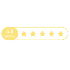 Flat yellow five star rating system icon with 5.0 score in box layout, customer feedback quality evaluation bar UI template, vector symbol isolated on transparent background, digital review platforms
