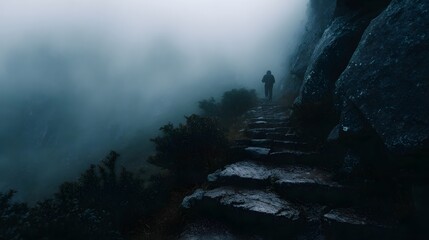 A lone figure ascends ancient stone stairs winding up a mountain path shrouded in dense atmospheric fog