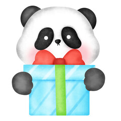 Fototapeta premium A panda bear is holding a blue box with a green bow