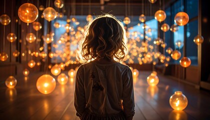 Child contemplating illuminated globes