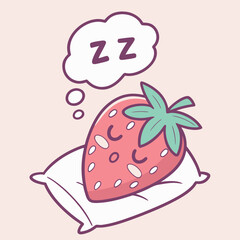 Cute sleeping strawberry cartoon character resting on a pillow with zz sign