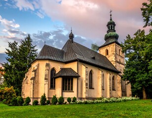 Church at dusk, serene landscape
