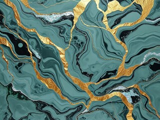 Abstract turquoise and gold marbled texture with flowing patterns and lines
