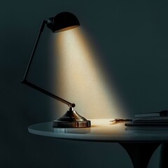 Modern desk lamp illuminated on a table with books and warm ambiance