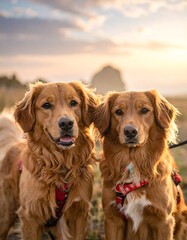 Two golden retrievers outdoors at sunset
