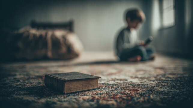 Closed book on floor, child blurred in background playing smartphone