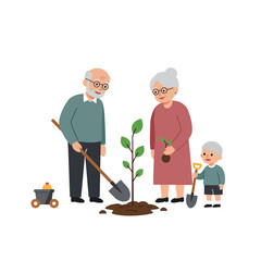 Grandparents and Grandchild Planting a Tree Together.