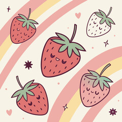 Charming strawberry pattern with rainbow stripes and cute faces on light background