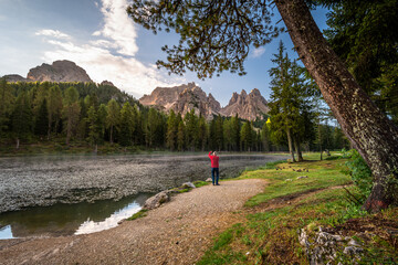aerial view of Lake Antorno, Dolomites, Italy