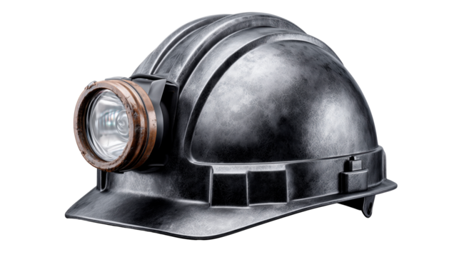 Isolated miners helmet with headlamp showing details of safety equipment used in underground mining operations
