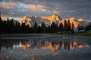 aerial view of Lake Antorno, Dolomites, Italy
