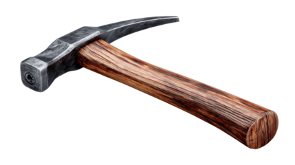 Isolated pickaxe with worn wooden handle suitable for mining and excavation tasks in various outdoor environments