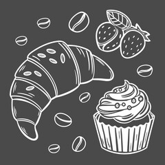 A monochrome illustration of a croissant, cupcake, strawberries, and coffee bean