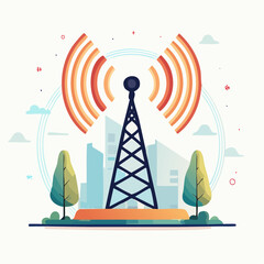 Communication tower emitting radio waves in a city.