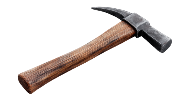 Isolated pickaxe with worn wooden handle designed for mining and excavation, showcasing its rustic charm and durability