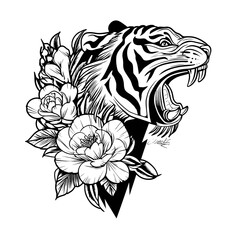 A bold black and white tattoo design featuring a fierce tiger and intricate floral elements,