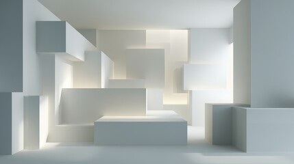 Abstract White Geometric Room: Minimalist 3D Render of Interlocking Cubes and Light