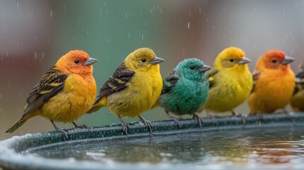 Fototapeta premium Colorful small songbirds perched on a rim