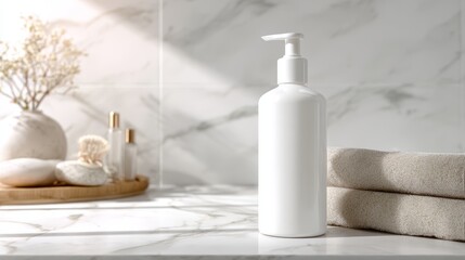 Blank white bottle template on marble bathroom counter