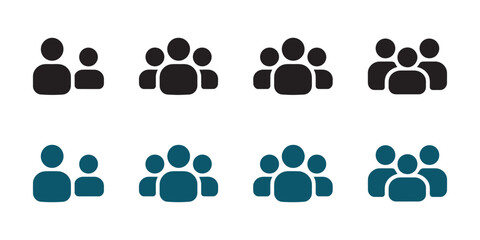 A collection of user group icons in black and blue, representing concepts of team, community, and social networks. Simple flat vector symbols for web and UI design