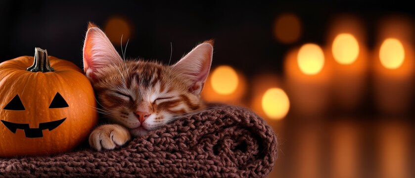 Cute tortoiseshell cat with pumpkin. Tortoiseshell kitty sleeping hugging with pumpkin on wicker chair on woolen blanket. Fall mood autumn vibes. Thanksgiving day. Adorable calico feline