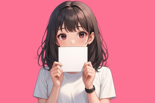 笑顔の若い女性が白い紙を持ち顔を隠す、ピンクの背景