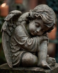 Fototapeta premium Sleeping stone cherub angel in serene cemetery setting