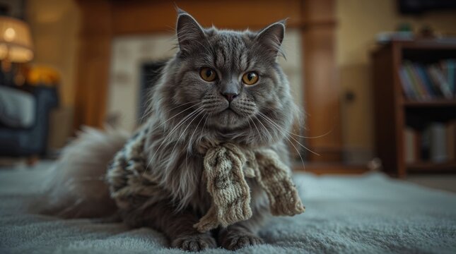Fluffy gray cat wearing a cozy scarf sitting comfortably on a soft carpet in a warm, inviting living room - Powered by Adobe