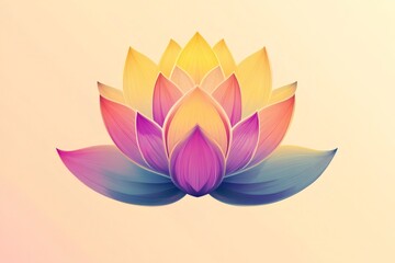 Fototapeta premium Stylized gradient lotus flower illustration blooming on a pastel yellow background, representing purity, enlightenment, and spiritual awakening