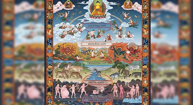 Tibetan Buddhist Wheel of Life Mandala Art.