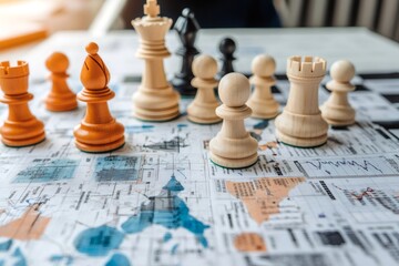 Chess pieces positioned on a financial report illustrate the importance of strategic planning in achieving business success and growth