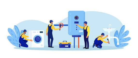 Repairmen in uniform repair electrical home appliance, water heater with tool. Professional workers with wrench. Home masters fixing broken technics, plumbing. Electrician plumber call. Repair service