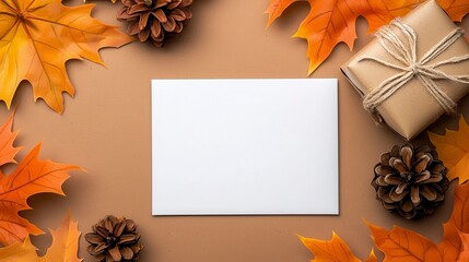 Elegant autumn scene with blank greeting card. Capture serene fall foliage display alongside empty note ideal mockup for seasonal promotion invitation thank you message or heartfelt