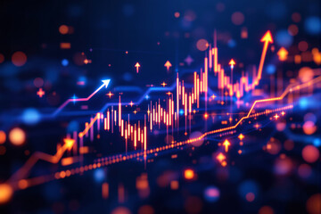 Glowing financial chart design with rising arrows and candlestick bars on dark abstract digital background, symbolizing success and growth concept. Ai generative