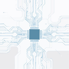 Abstract illustration of a central microchip with intricate circuit board traces extending symmetrically on a light background.