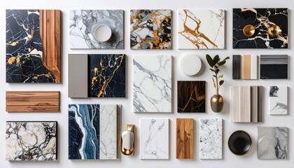 Flat lay of luxurious material samples including black and gold marble, white stone, and natural wood for an interior design mood board
