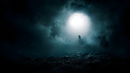 A lone silhouette emerges from a dark turbulent abyss towards a bright hopeful light