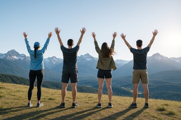 Obraz premium Four people with arms raised facing mountain landscape, casual outdoor clothing, natural background, concept of freedom, unity, lifestyle. Ai generative