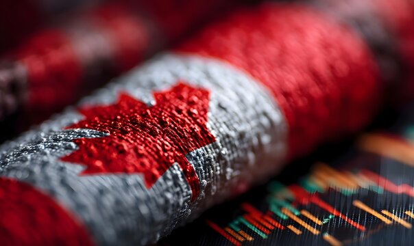 Close up of a textured canadian flag with a red maple leaf and stock market graph in the background