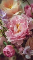 Obraz premium Dew-Kissed Peony and Sweet Pea Bouquet - Soft Pastel Floral Close-Up.