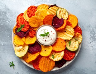 Colorful vegetable chips arranged in a circle on a plate, with a dip