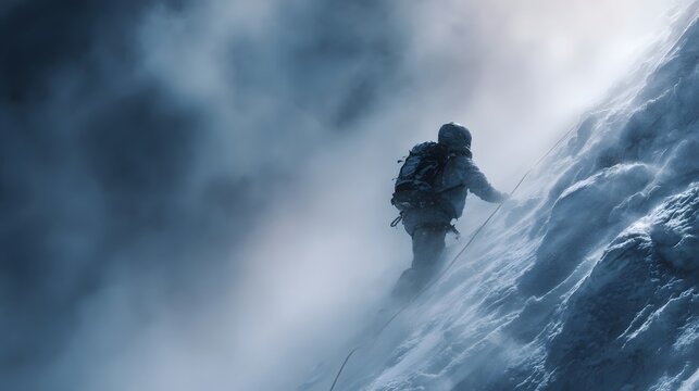 Lone climber ascends a treacherous snow covered mountain slope amid harsh winter winds and fog