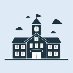 Stylized illustration of a school or university building with a prominent clock tower and flag under a cloudy sky, in a monochromatic blue palette.
