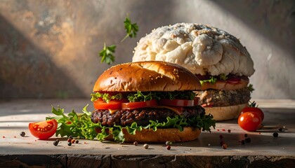 Two gourmet burgers, one with a dark patty, the other with a light one, on a rustic wooden surface