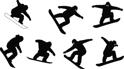 Obraz premium Collection of male snowboarder silhouettes performing jumps and tricks, isolated on a white background.