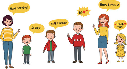 Cartoon characters expressing greetings, thank you, sorry, and birthday wishes, diverse group of kids and adults with speech bubbles, emotional communication
